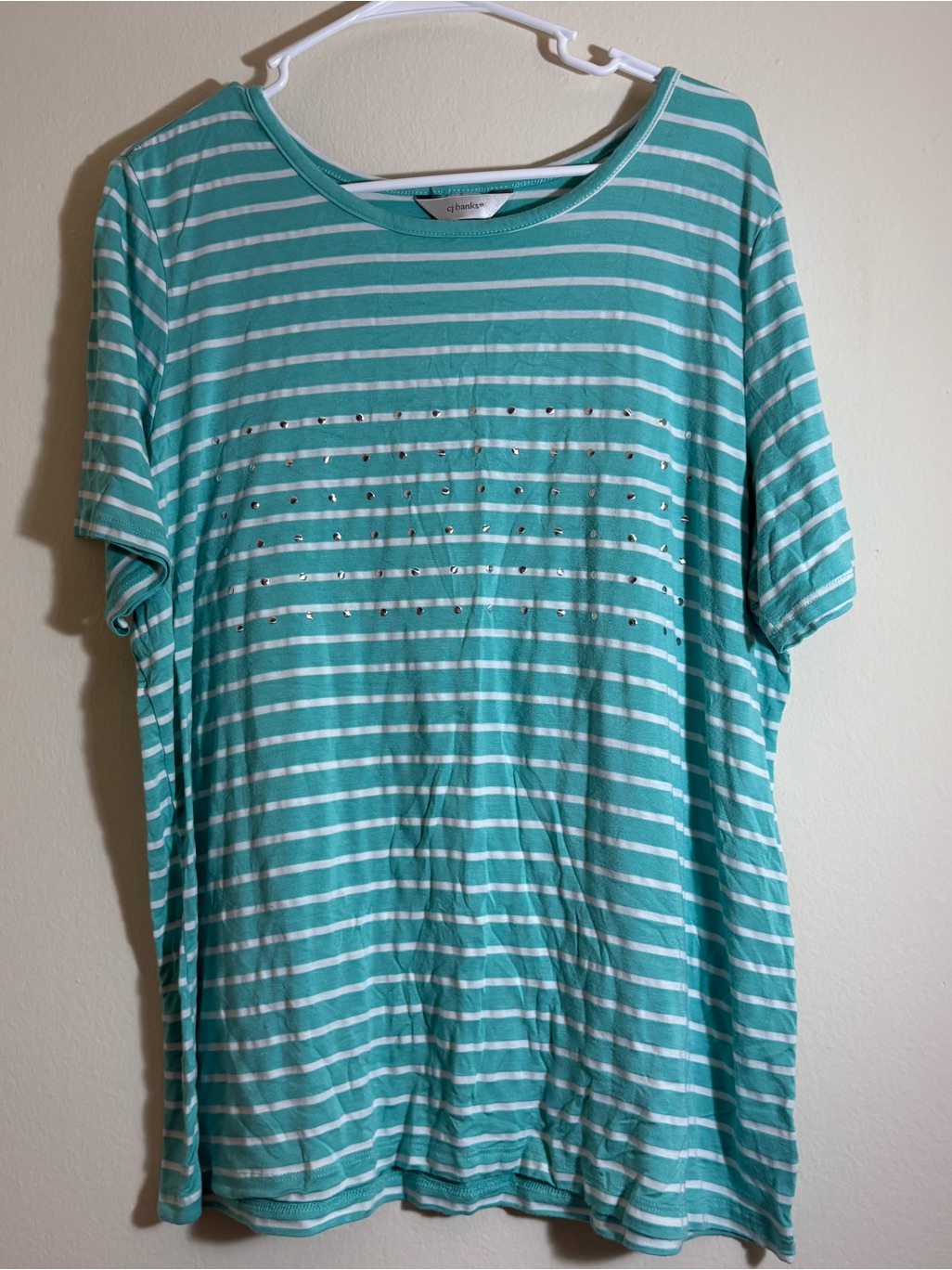 Women’s Cj Banks Mint Green And White Striped Short Sleeve Tee Size 1x